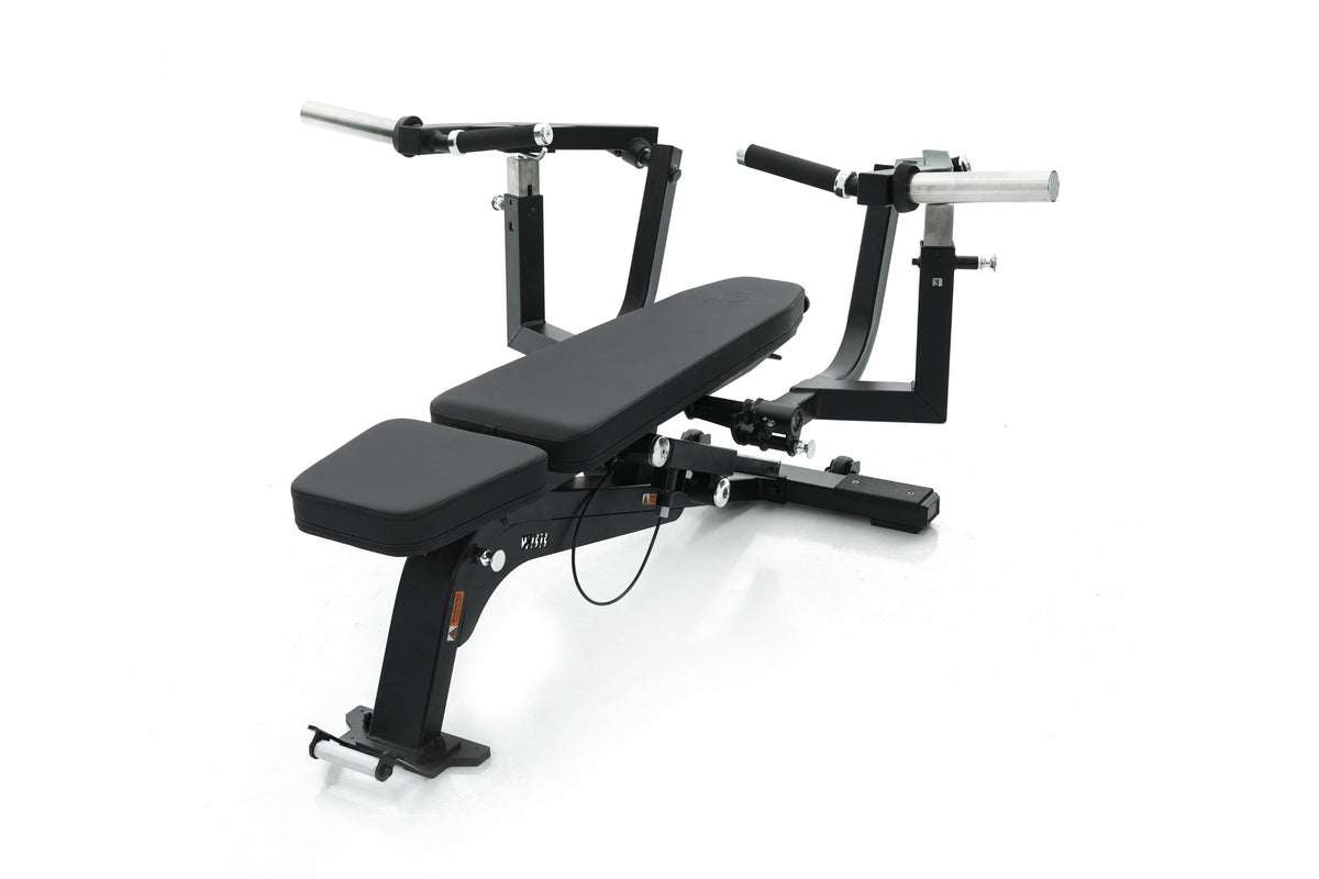 Chest press attachment mounted on bench; bench sold separately